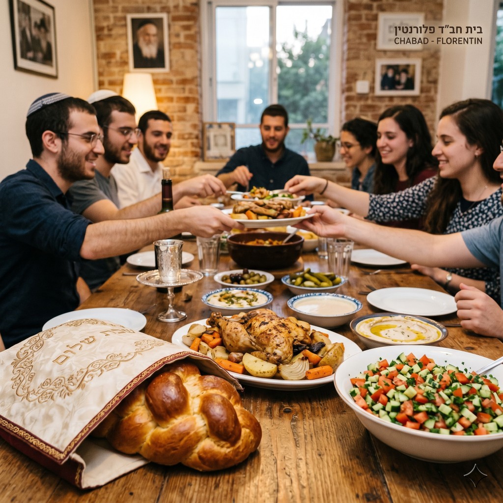 אוכל ביתי — שולחן שבת עשיר בבית חב״ד פלורנטין